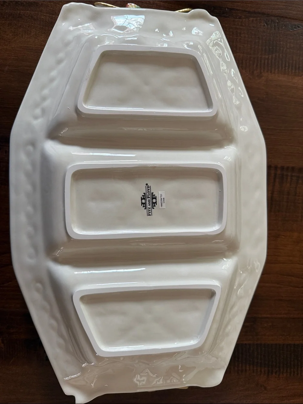 Vintage Fitz and Floyd White Ceramic Holiday Tray with Gold Bows and Green Holly